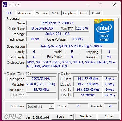 Xeon E5 2680 V4 Processor 14 Cores, 28 Threds, 35 MB Smart Cache 1