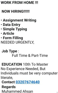 Urgent, Data Typing WORK, ASSIGENMENT WRITING, DATA ENTRY,M/F