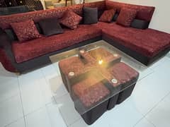 L shape sofa for sale with table and puffy stool