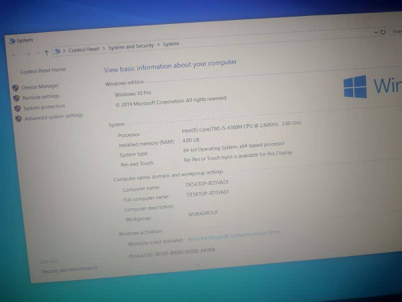 Windows 10 pro,, Intel ( R ) Core ( TM ) i5-4300M CPU @ 2.60GHz 2.60 8