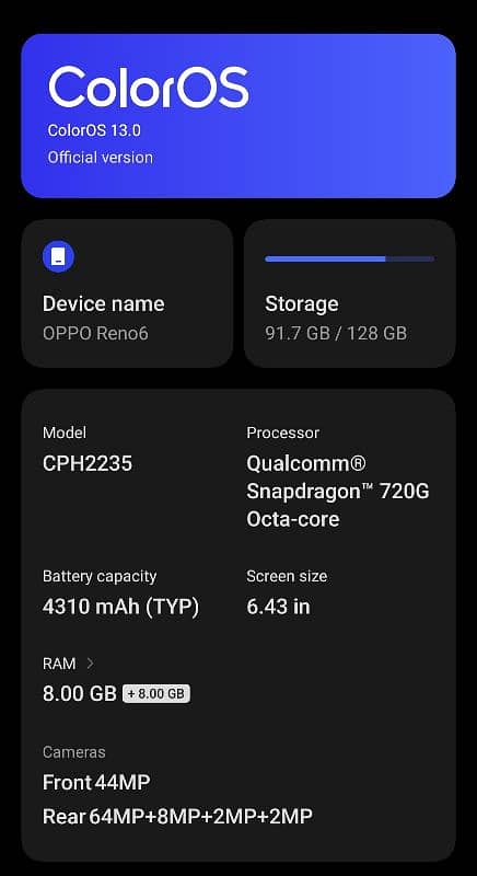 OPPO Reno 6.8+128 with box charge one hand use bilkul clean no screech 3