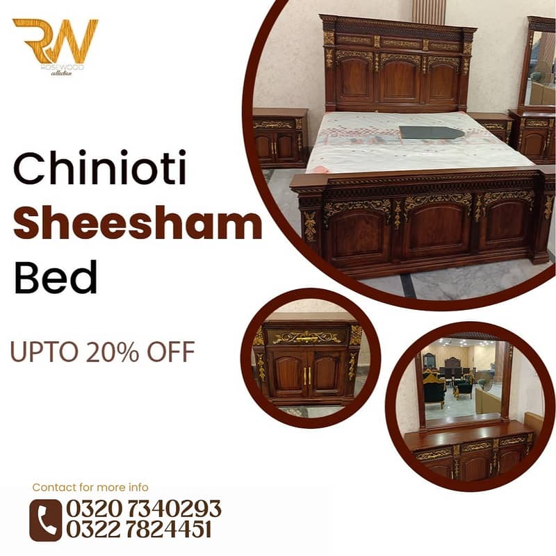 King Size Bed - Double Bed - Chinioti Bedset - Bed Dressing Side Table 0