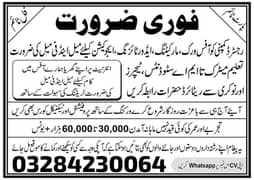 Urgent Staff Required in Lahore Male & Female