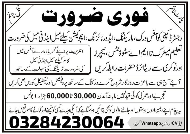 Urgent Staff Required in Lahore Male & Female 0