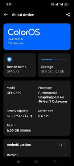 Oppo A3 condition 10/10 storage 6/128 ram  lunch condition