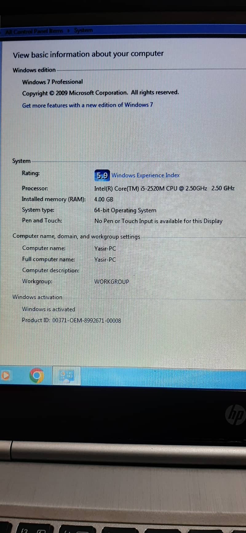 HP , i5 2nd gen 4gb ram 250 gb hard 3