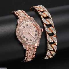 Women's Diamond Artificial Set - Roman Watch - Rose Gold