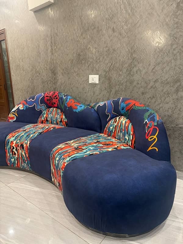 Abstract Shape Wooden Sofa - Navy Blue Leather Swede with Patchwork 2