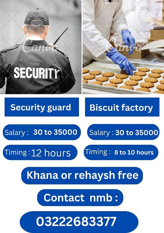 security guard and biscuits factory packing jobs are available 0