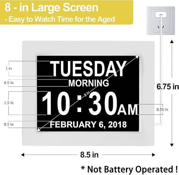 Digital Calendar Alarm Day Clock - with 8" Large Screen Display, am pm 1