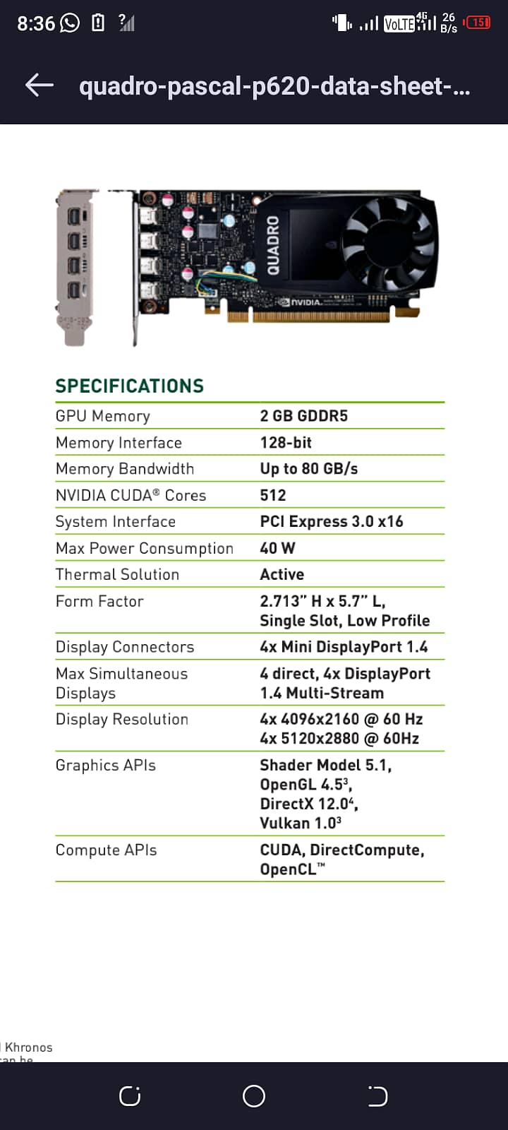 Nvidia Quadro P620 ,2GB,DDR5 128 Bit,Direct x 12 1