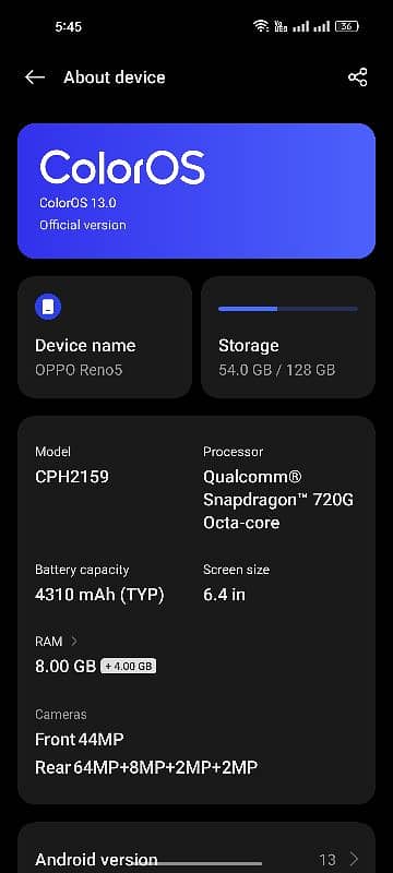 OPPO RENO 5 PTA APPROVED 8/128 CONDITION 10/10 8