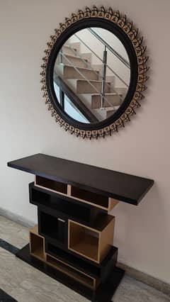 solid wood console and solid wood round mirror