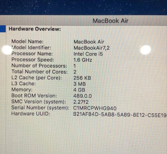 MacBook Air 2015, Intel core i5, Ram =4Gb ssd =128Gb 0