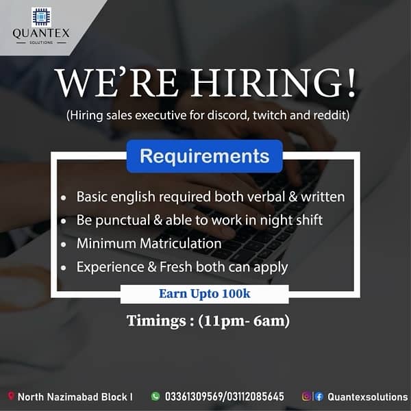 we are hiring salesman for night shift 0