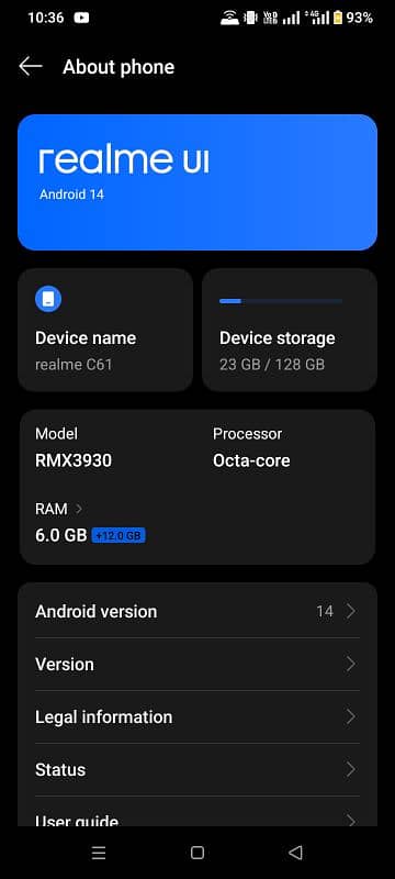 Realme C61 PTA official 6+6/128 no box cnic dunga 7