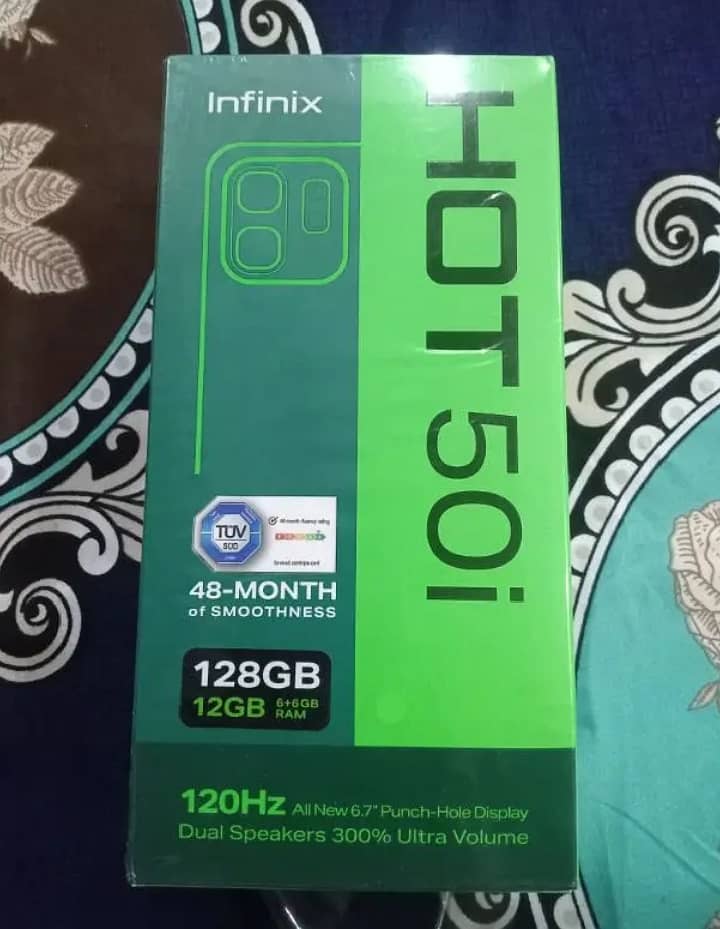 Infinix hot 50i 6/128 gb.  Complete box hai. Just 10 to 15 days use. 0