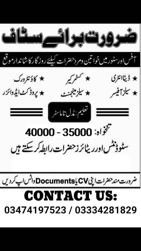 Job Available Contact on WhatsApp : 03474197523 0