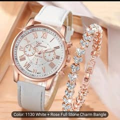 2pcs Women's White Quartz Watch with Roman Numerals & Rose Golden