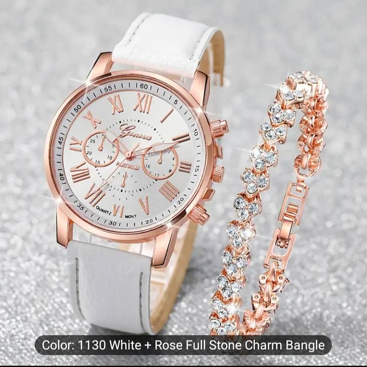 2pcs Women's White Quartz Watch with Roman Numerals & Rose Golden 1