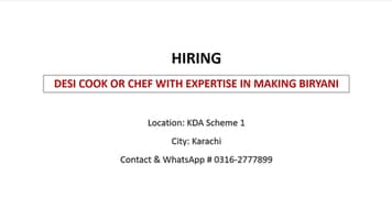 DESI COOK OR CHEF REQUIRED WITH EXPERTISE IN MAKING BIRYANI