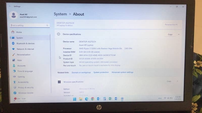 Hp windows 11, 8gb ram, 256gb ssd, amd rayzen 3 3