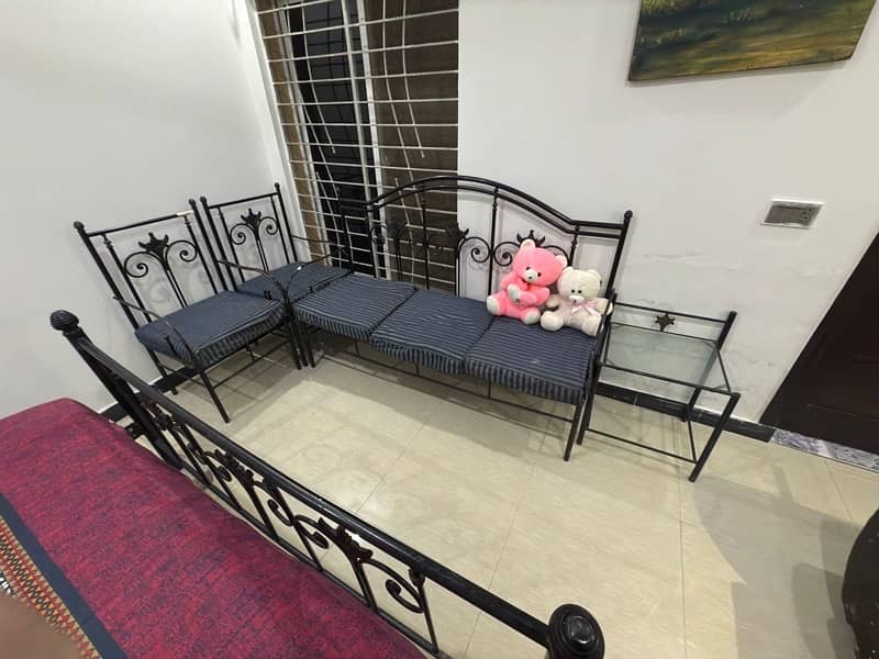 Rod iron Bed with 2 side tables , 5 seater sofa set & 1 SofaCumbed 2