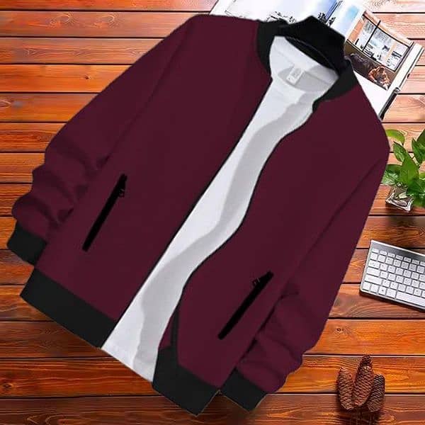 Men's Fleece Bombor Jacket Maroon Plain Style 2