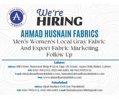 Ahmad Husnain Fabrics Requires Male and Female Marketing Staff