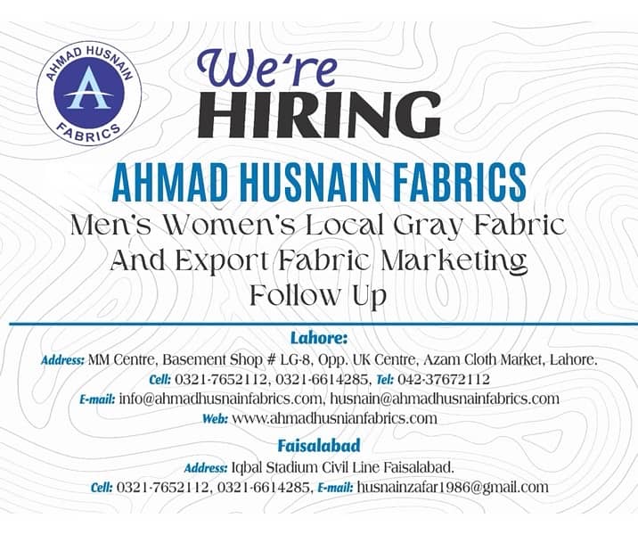 Ahmad Husnain Fabrics Requires Male and Female Marketing Staff 0