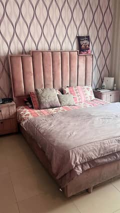 velvet pink colour double bed set | bed with dressing for sale