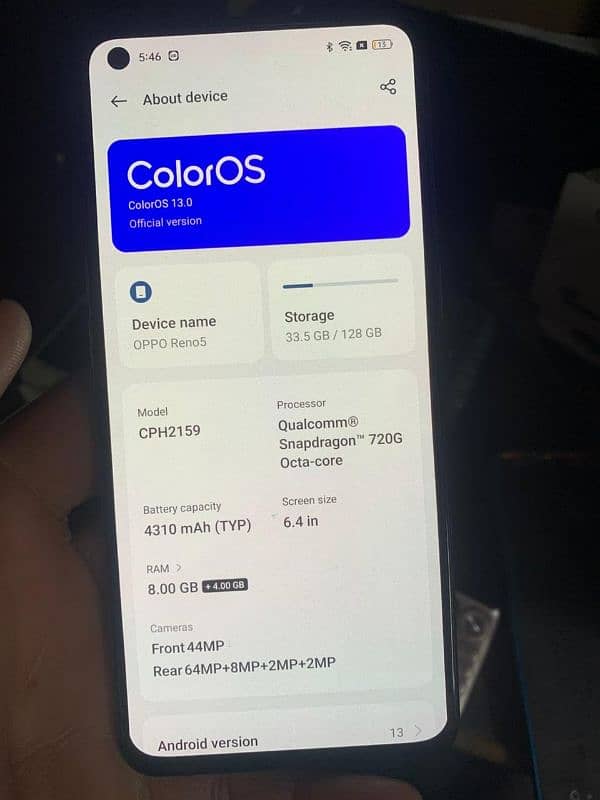 Oppo Reno 5  8GB Ram 128 Rom 4