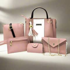 5 Pcs Women's PU Leather Plain Hand Bag Set