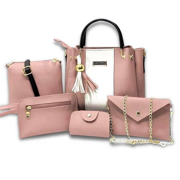 5 Pcs Women's PU Leather Plain Hand Bag Set 1