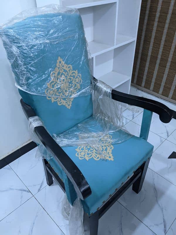 Set of 6 embossed motif cloth blue dining chairs 4