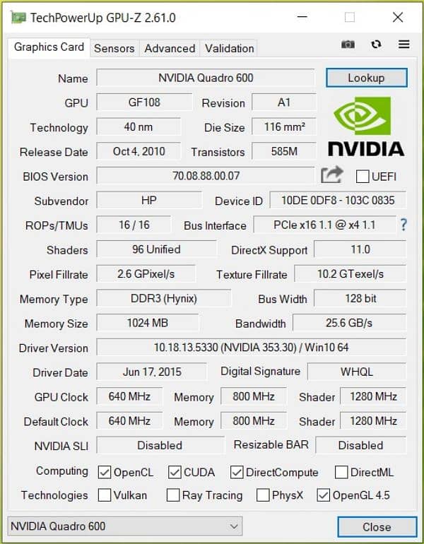 nvidia quadro 600 1gb dd3 0