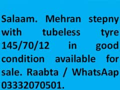 Mehran stepny with tubeless tyre in good condition available for sale.