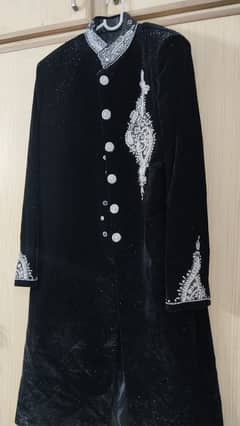 Black Shiny Velvet Sherwani with Motive