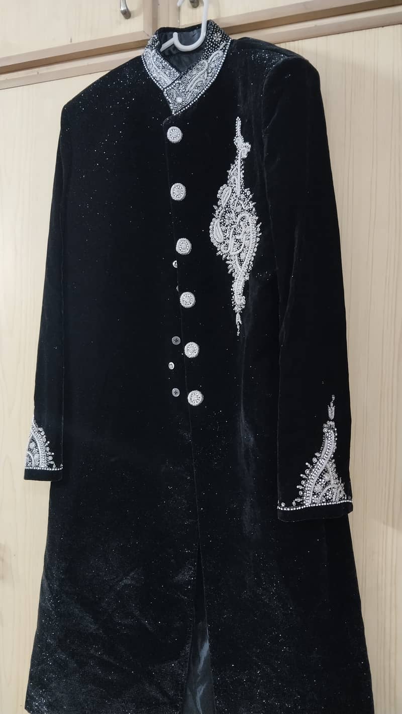 Black Shiny Velvet Sherwani with Motive 0