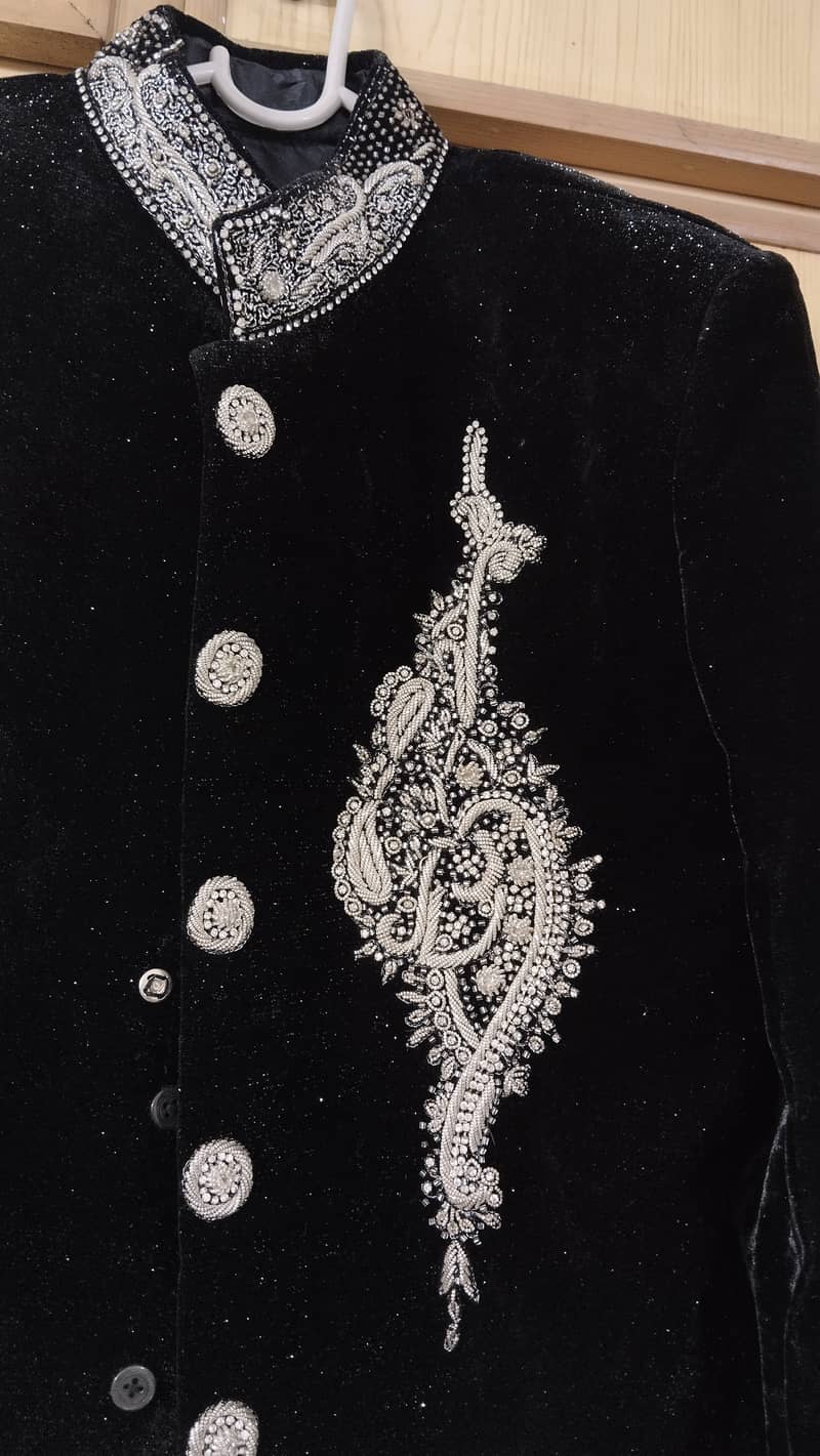 Black Shiny Velvet Sherwani with Motive 2