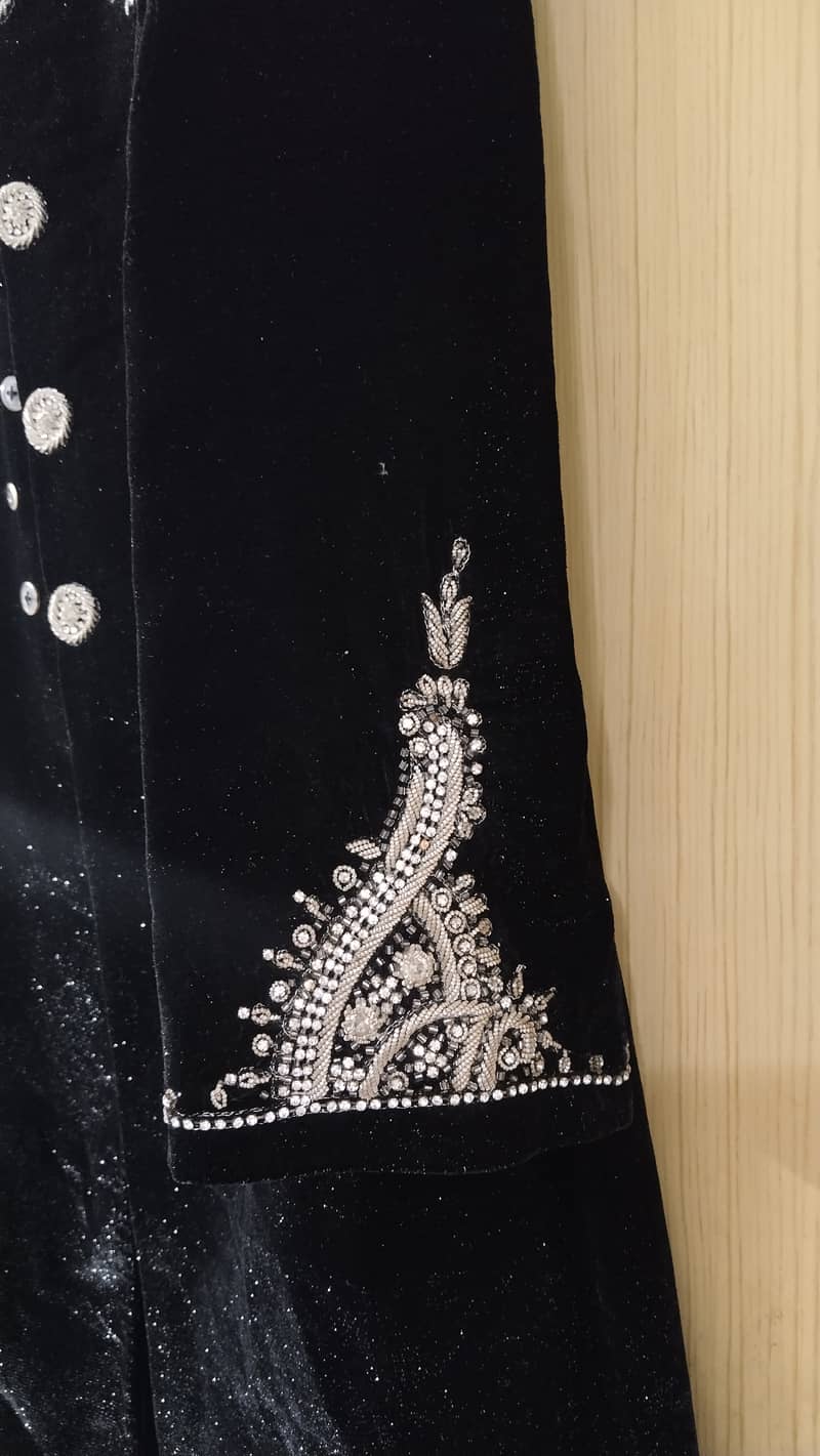 Black Shiny Velvet Sherwani with Motive 3