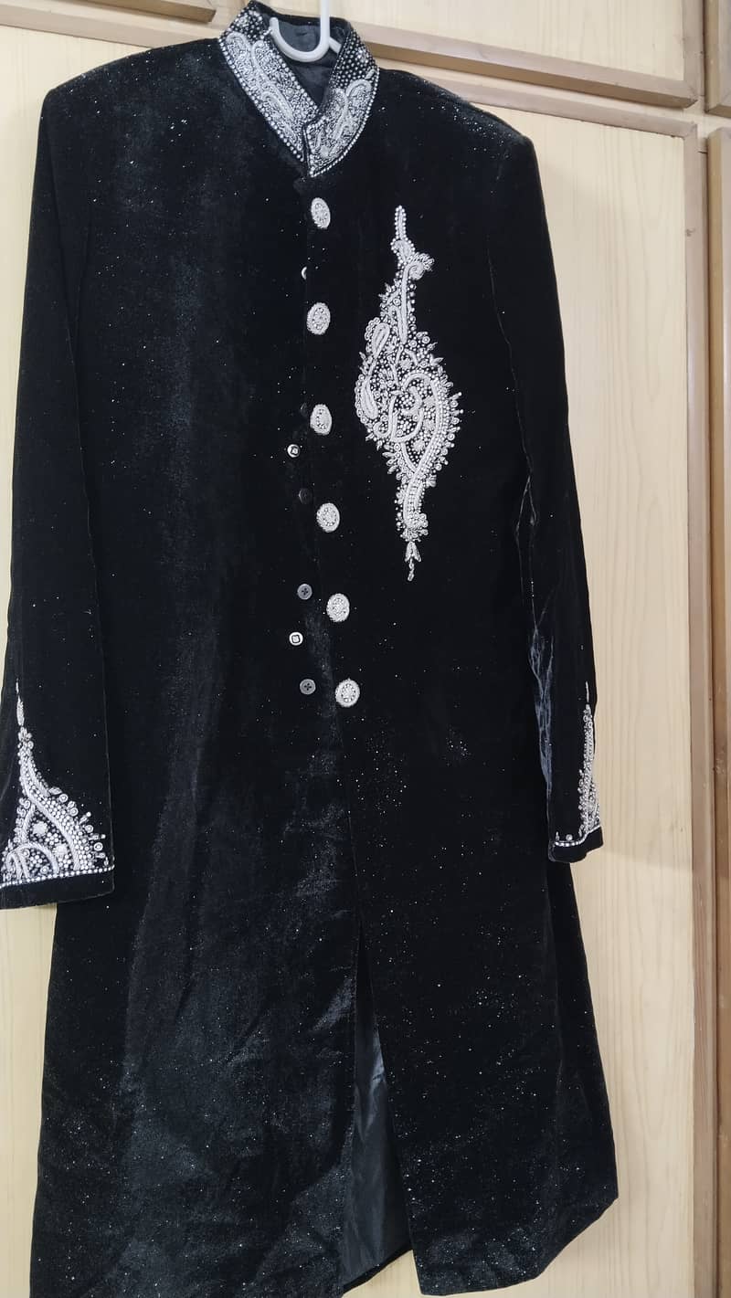 Black Shiny Velvet Sherwani with Motive 4