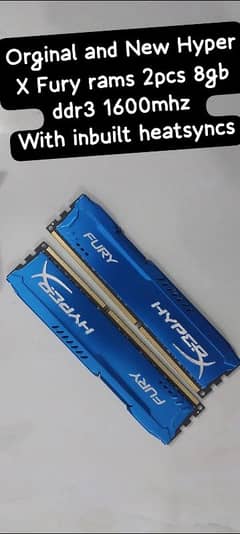 Hyper X Fury 2pcs 8Gb ddr3 1600 mhz Gaming RAM with heat syncs