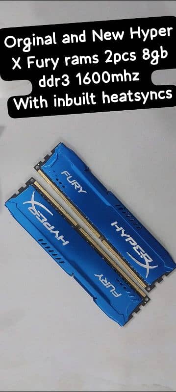 Hyper X Fury 2pcs 8Gb ddr3 1600 mhz Gaming RAM with heat syncs 0