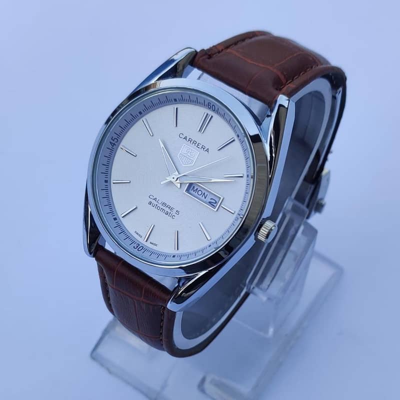 Men's Automatic Stainless Steel & Leather Strap Round Watch 1