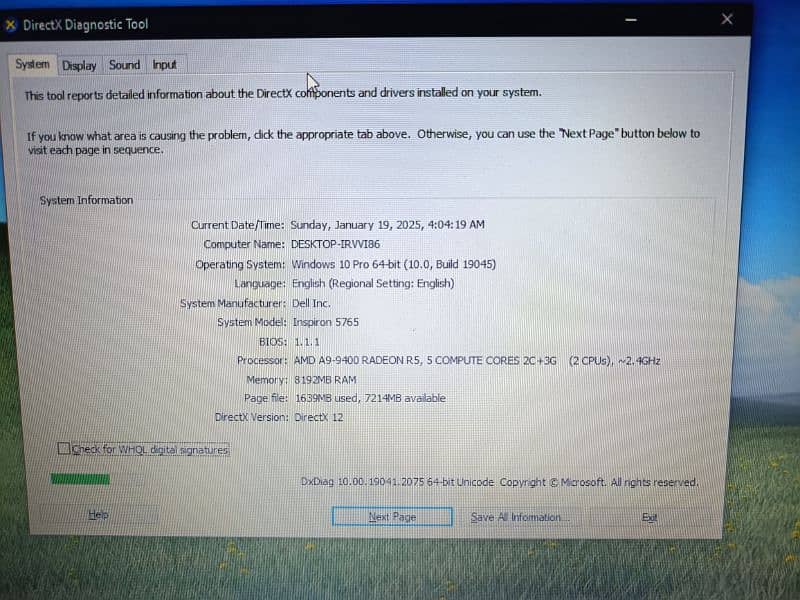 dell Inspiron 5765 , 9th gen , 8 gb ram , ddr 4 , 240 gb SSD 6