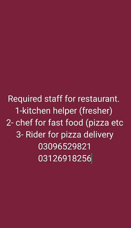 Staff required for rasturant  . 0