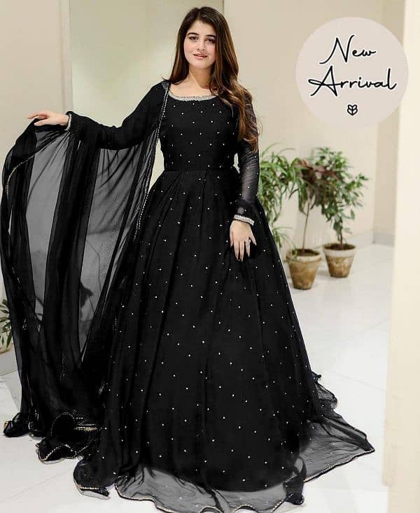 Elegant black embroidery chiffon Maxi suit with dupatta and trousers 3 0