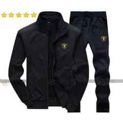 Men's Fleece Track Suit - 2 Pcs - Black - Plain Collar Design