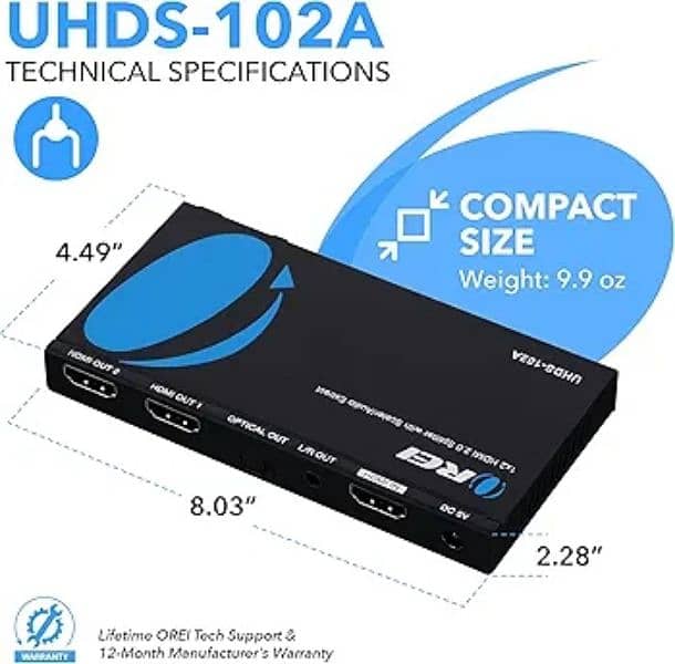 OREI 1x2 2.0 HDMI Splitter with Scaler Audio Extractor hdmi switch 3